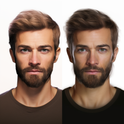 A Beard to Scalp Hair Transplant Before and After, using light and darker shades of a chosen hair color.