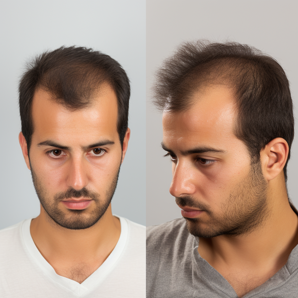Show 'Diffuse Thinning Hair Transplant' with the contrast of thinning hair and post-transplant growth.
