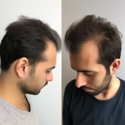 Show 'Diffuse Thinning Hair Transplant' with the contrast of thinning hair and post-transplant growth.