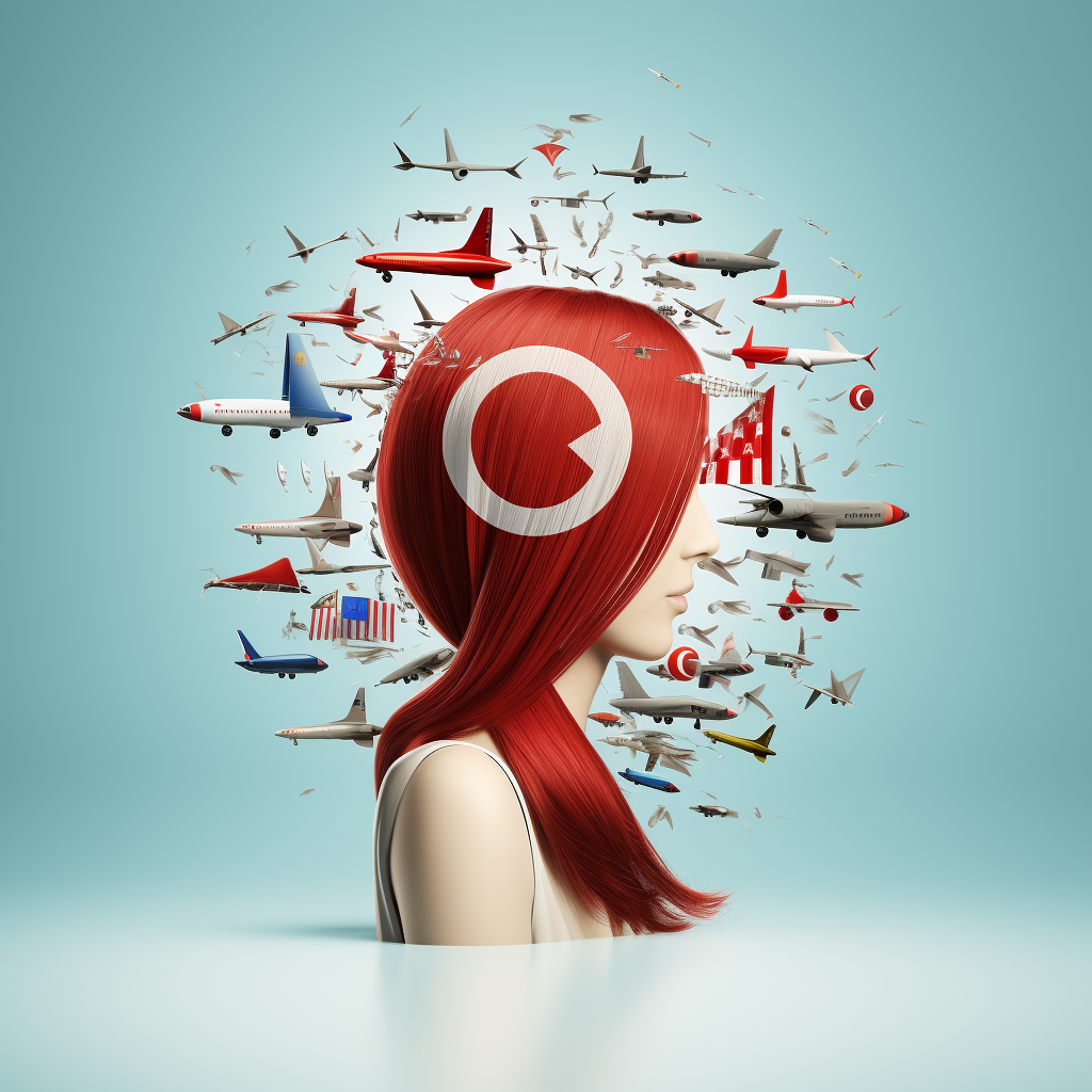 Turkey Flight Hair Transplant featuring a plane, Turkish flags and symbols, and various hair colors.